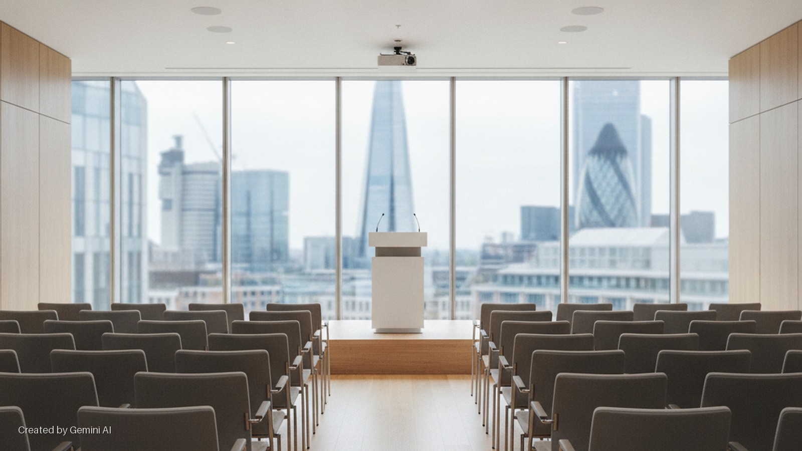 A modern conference room with a white podium and microphones on a wooden stage faces rows of empty chairs, while large windows behind reveal a city skyline including The Shard and The Gherkin, all illuminated by natural light.