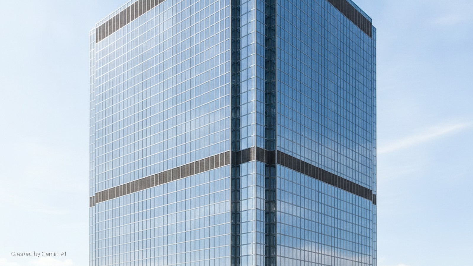 A modern skyscraper with a reflective blue glass facade and two dark horizontal bands, brightly lit against a clear light blue sky.