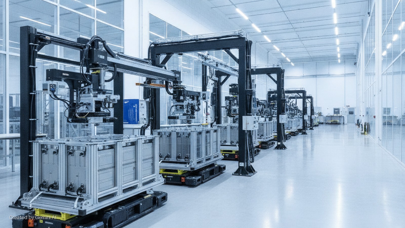 A clean, brightly lit automated manufacturing facility features multiple robotic gantry systems processing modular containers on automated guided vehicles.