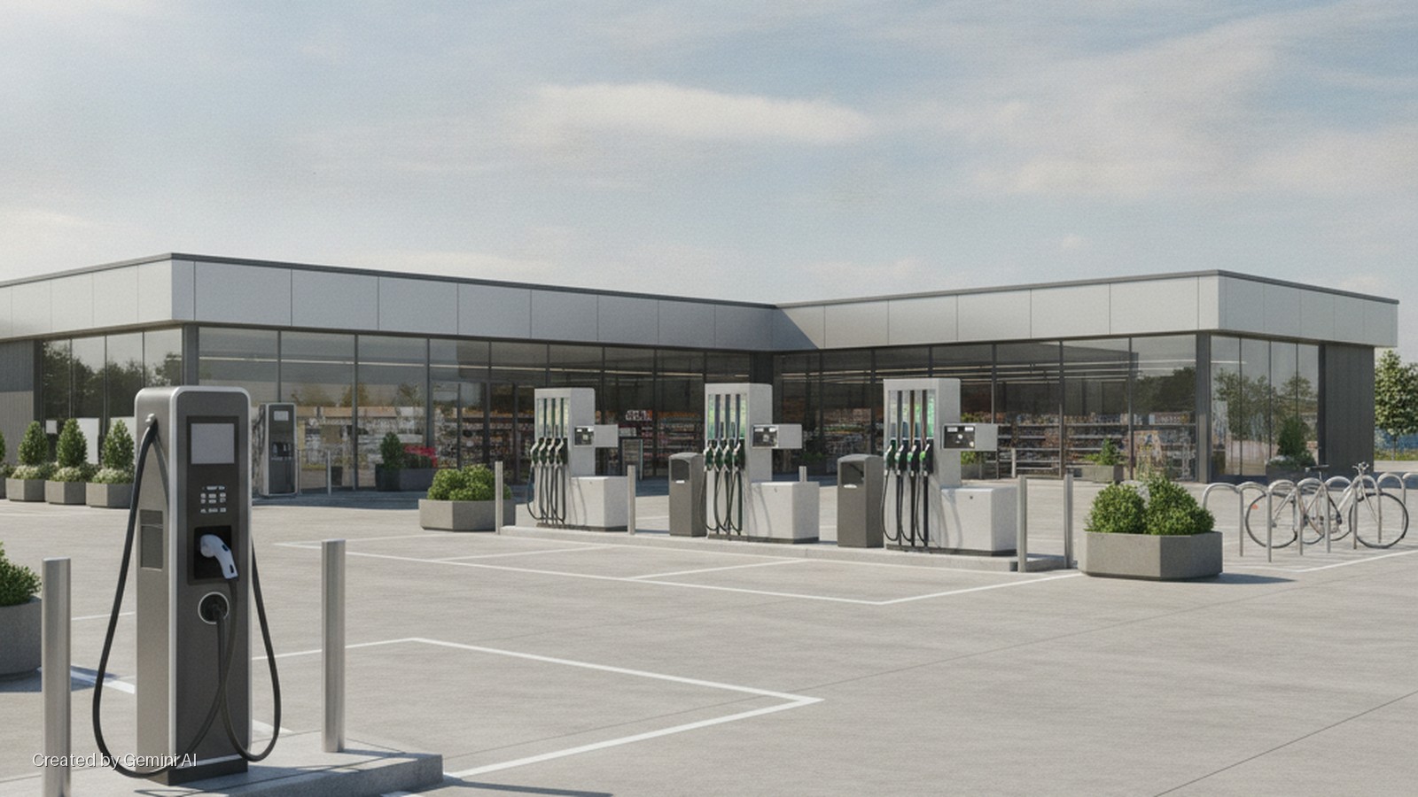 A modern service station forecourt features an electric vehicle charging station, multiple fuel dispensers, a convenience store building, bicycle racks with bikes, and planted greenery under a daytime sky.