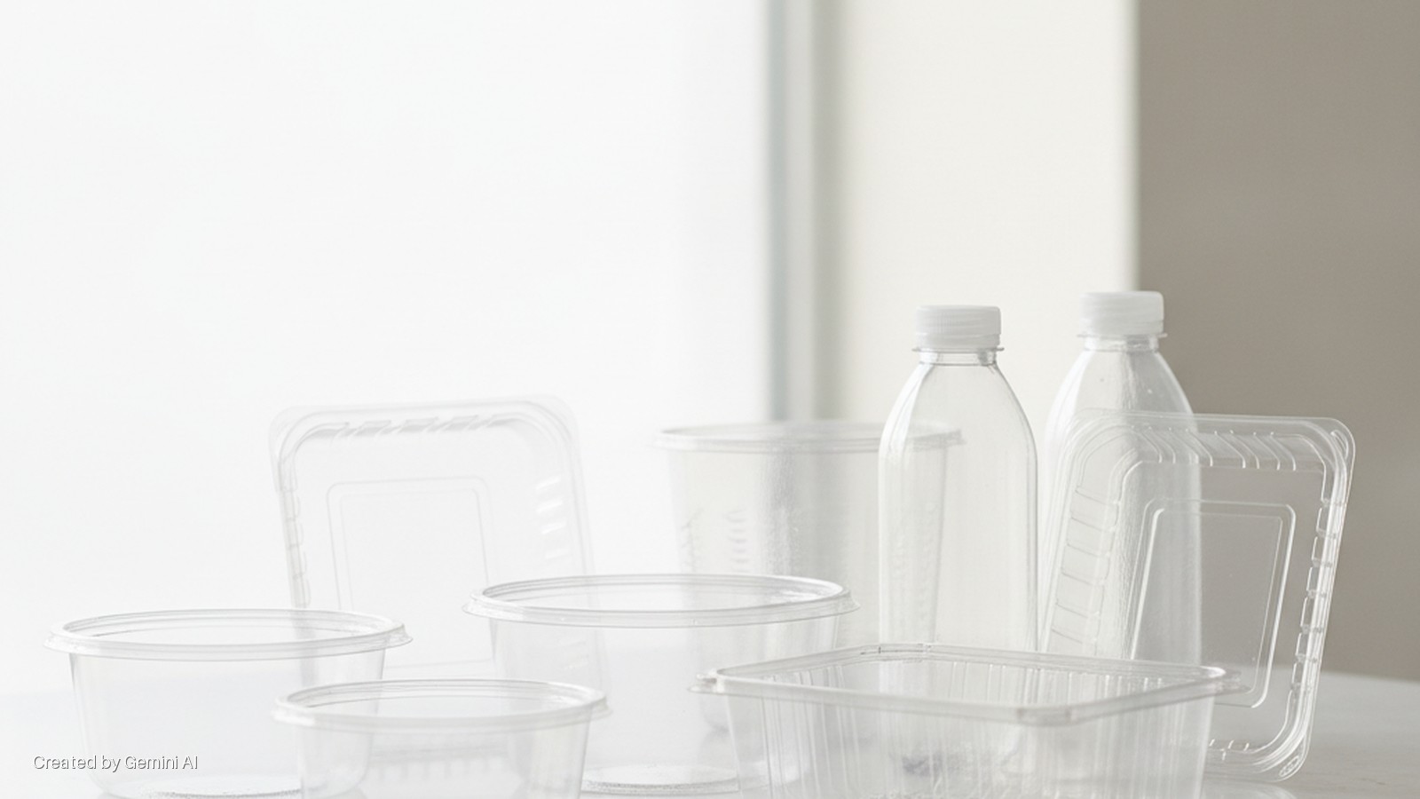Various transparent plastic food containers and bottles with white caps are arranged on a white surface with a bright, light-colored background.