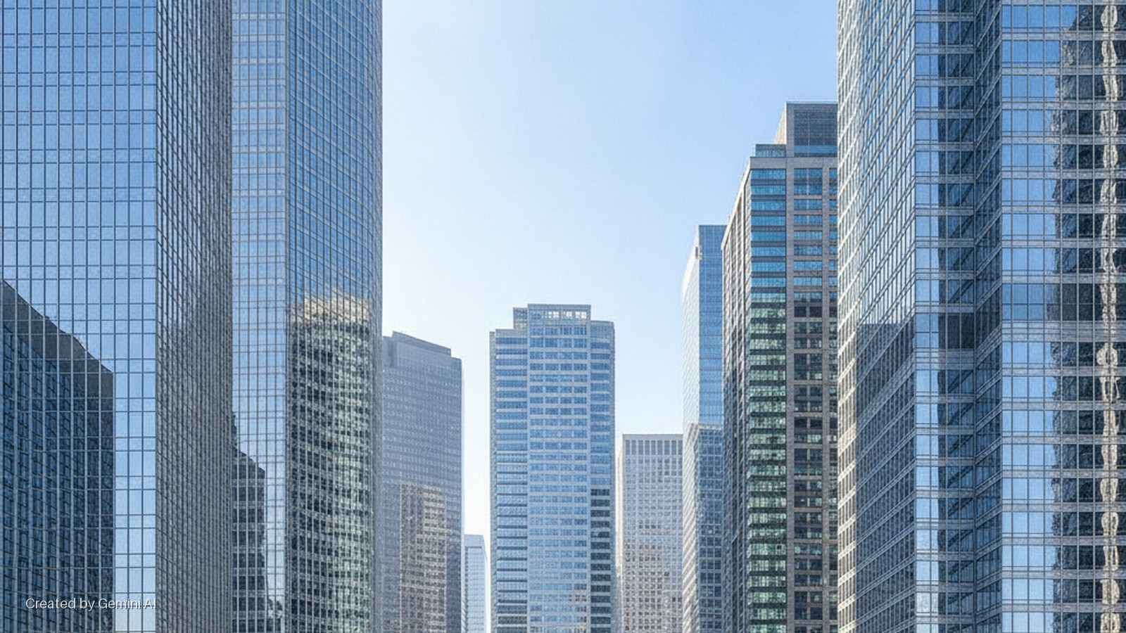 Numerous glass and concrete skyscrapers under a bright, clear sky in an urban landscape.