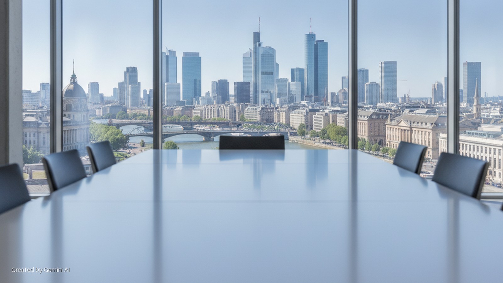 A sunlit conference room with a reflective table and chairs overlooks the Frankfurt skyline, featuring the Main River, bridges, and prominent skyscrapers.