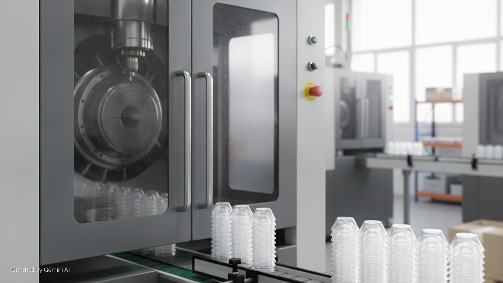 An industrial machine produces clear plastic cups that stack on a conveyor belt in a brightly lit factory setting with additional machinery visible in the background.