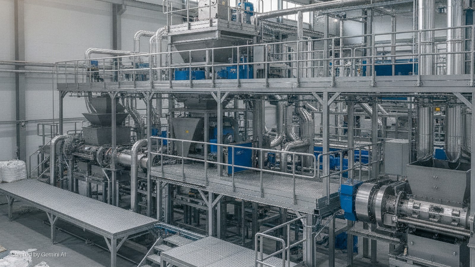 Extensive industrial machinery featuring metal platforms, pipes, hoppers, and blue accents, situated in a clean, brightly lit factory with large white bags on the floor.
