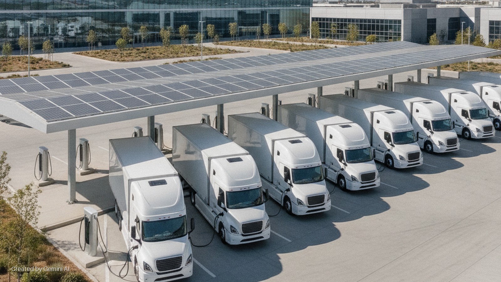 A long line of white electric semi-trucks with trailers charges at multiple stations under a solar panel canopy in a paved lot next to a modern building, under bright daylight, casting shadows.