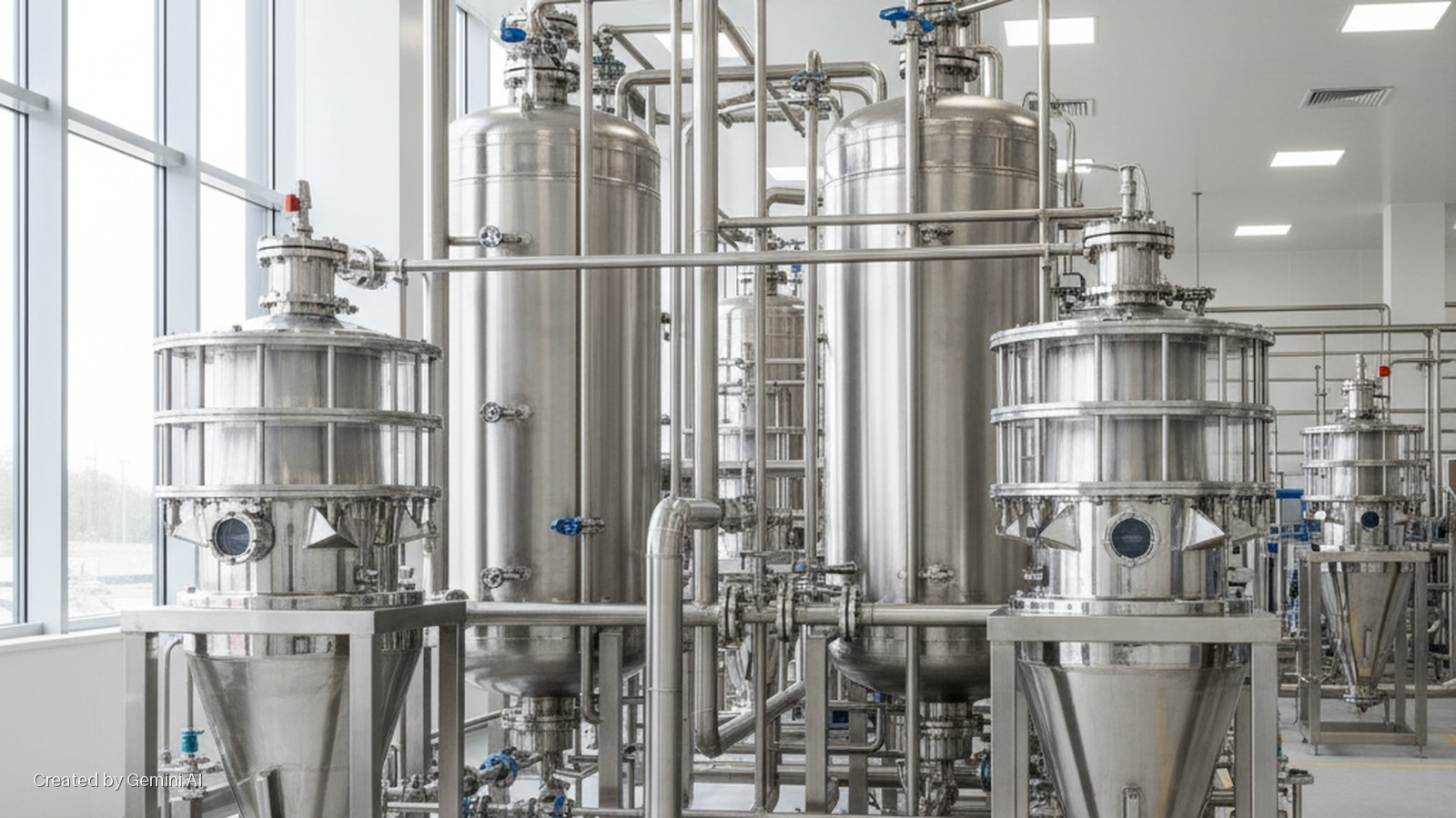 Shiny stainless steel industrial processing equipment, including large tanks and interconnected pipes, fills a clean, brightly lit facility with large windows on the left.