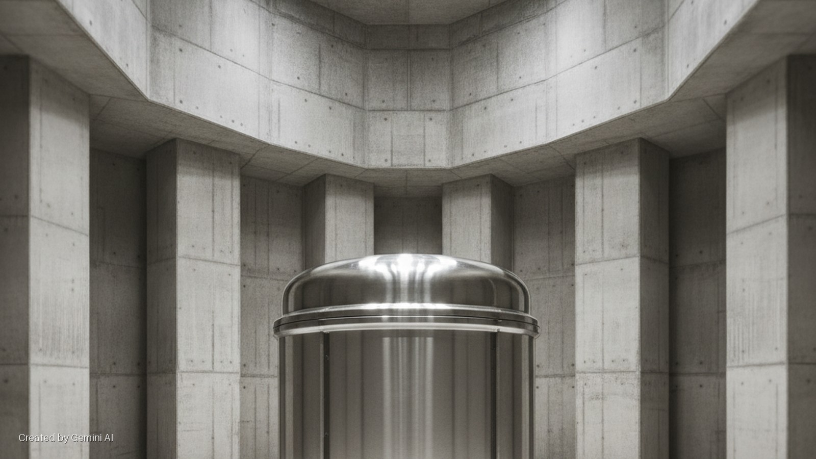 A large, reflective, domed metal cylinder is centered in a symmetrical brutalist concrete room, featuring textured walls, strong columns, and angular overhead beams, illuminated by even, diffused light.