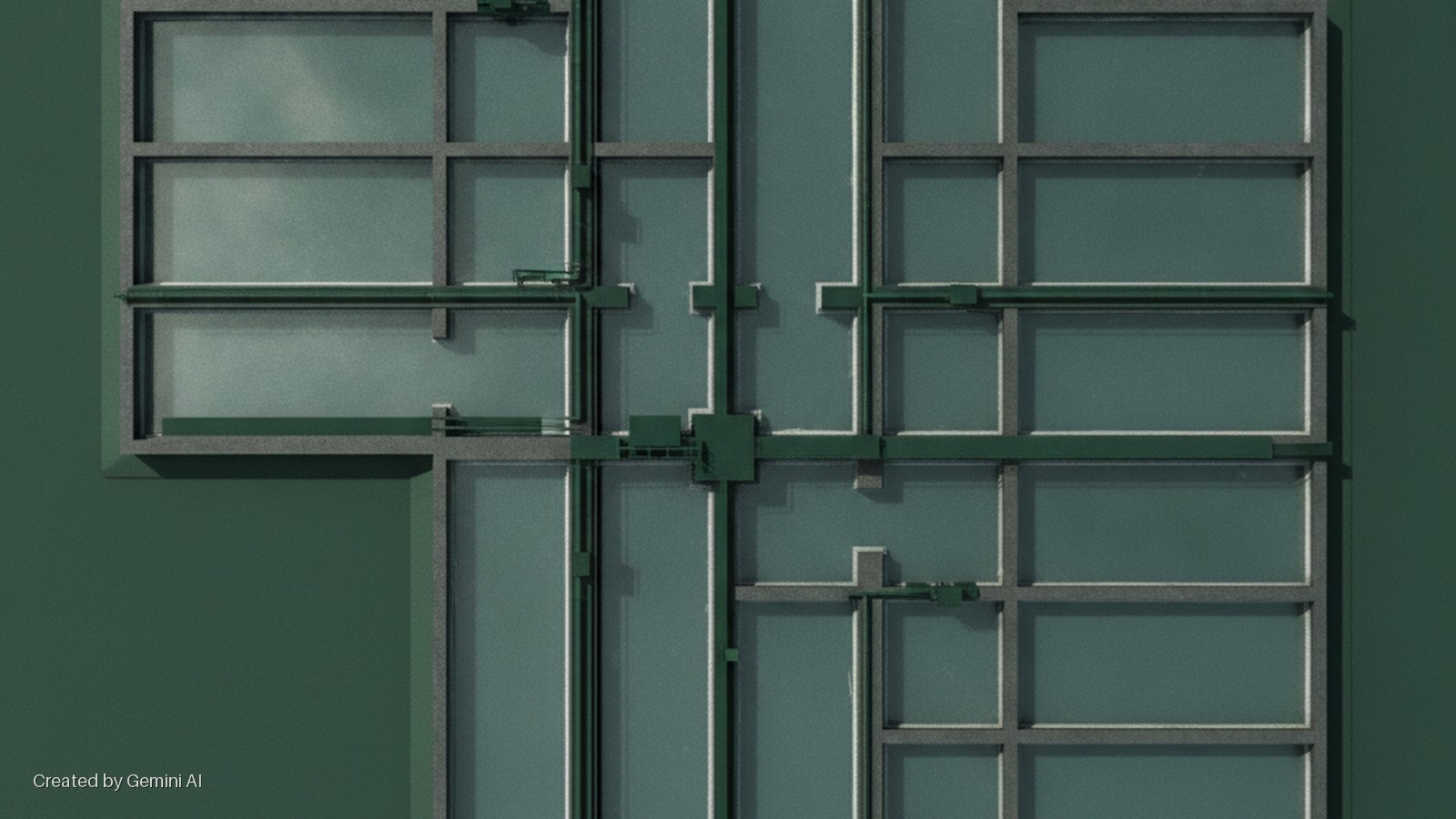 An overhead view of a modular industrial facility features rectangular teal panels framed in grey, interconnected by dark green linear infrastructure, illuminated from the top-left casting distinct shadows.