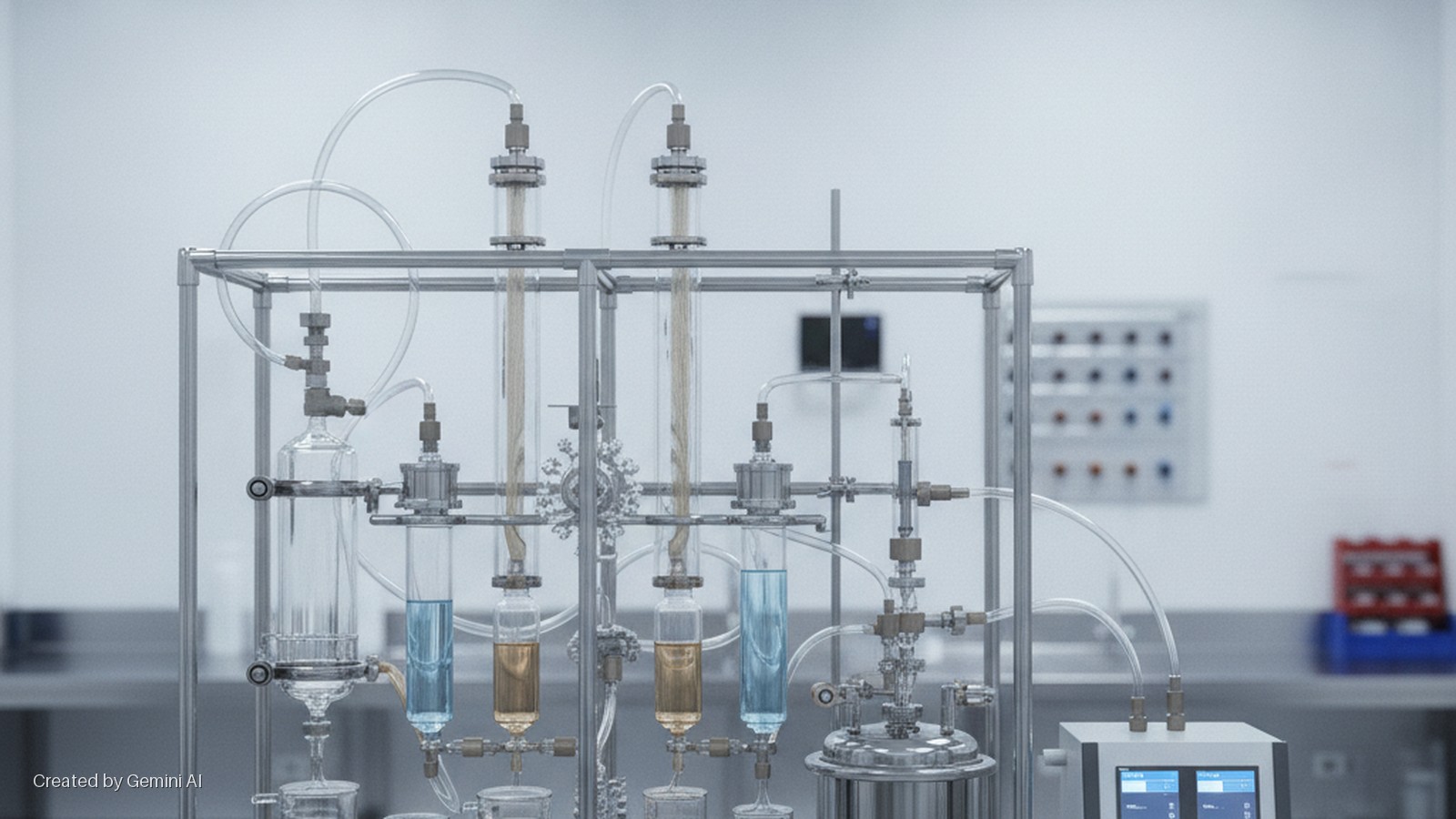 A brightly lit laboratory features a complex scientific apparatus with glass columns, tubes, and vessels holding clear, blue, and amber liquids within a metal frame, next to a digital display unit and a wall-mounted control panel.