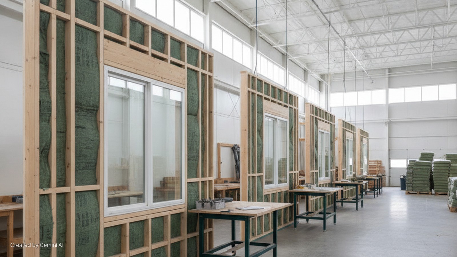 Wooden wall frames with green insulation and windows are assembled in a brightly lit industrial facility, surrounded by work tables and stacked bags of materials.