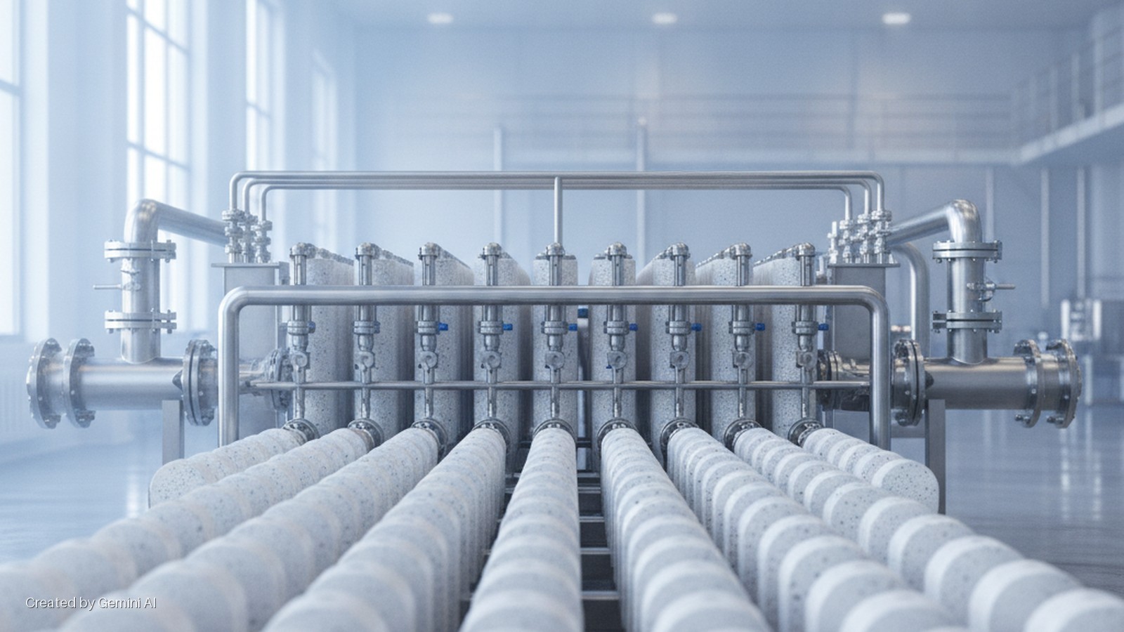 A bright, coolly lit industrial clean room showcases a large stainless steel filtration system with numerous interconnected pipes, valves, and rows of cylindrical cartridges in the foreground.