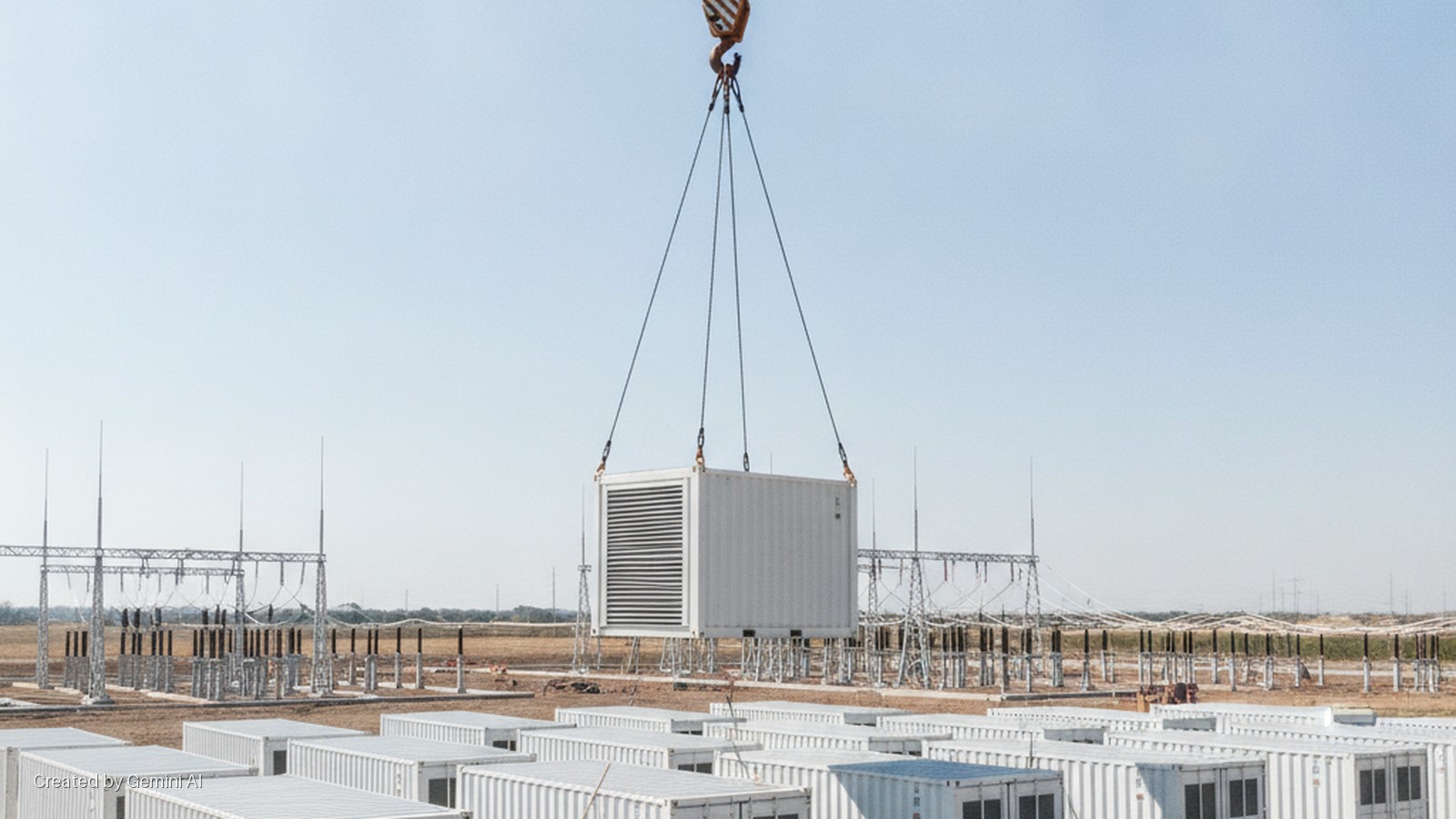 A crane lowers a white industrial container with a large vent above an array of identical containers and an electrical substation under a clear, bright sky.