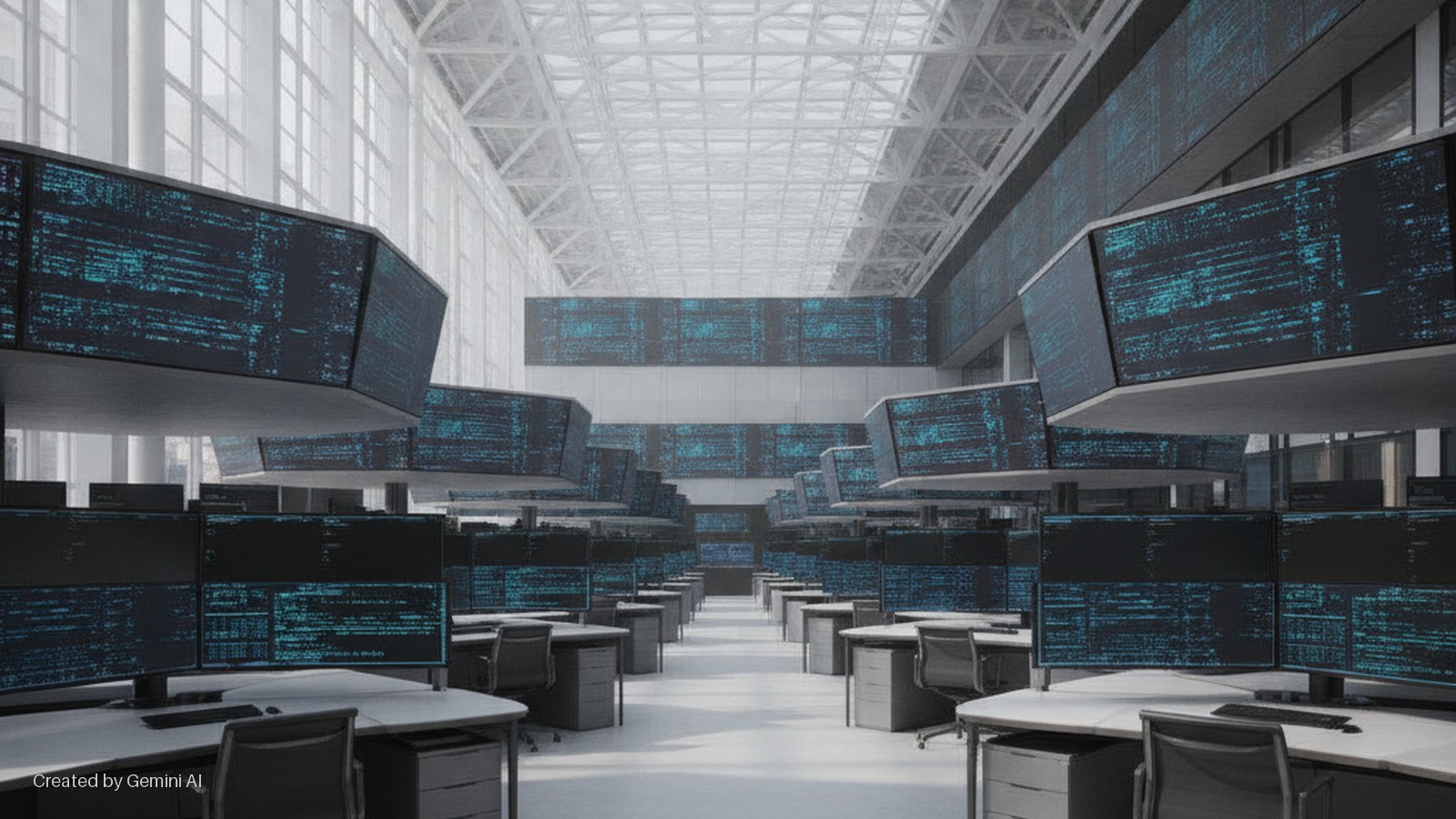 A bright, modern, open-plan operations room with rows of unoccupied desks, each featuring multiple computer monitors displaying blue data, and large overhead screens suspended from a high ceiling with extensive windows.