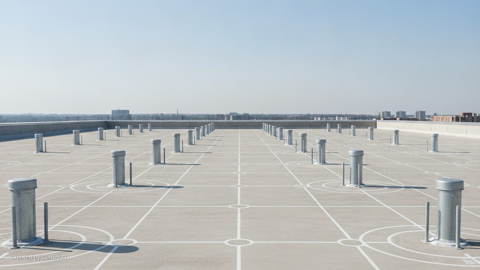 A vast concrete rooftop features numerous grey cylindrical capped structures with metal supports, arranged in a grid pattern with white painted lines and circles, under bright daylight with a distant cityscape.