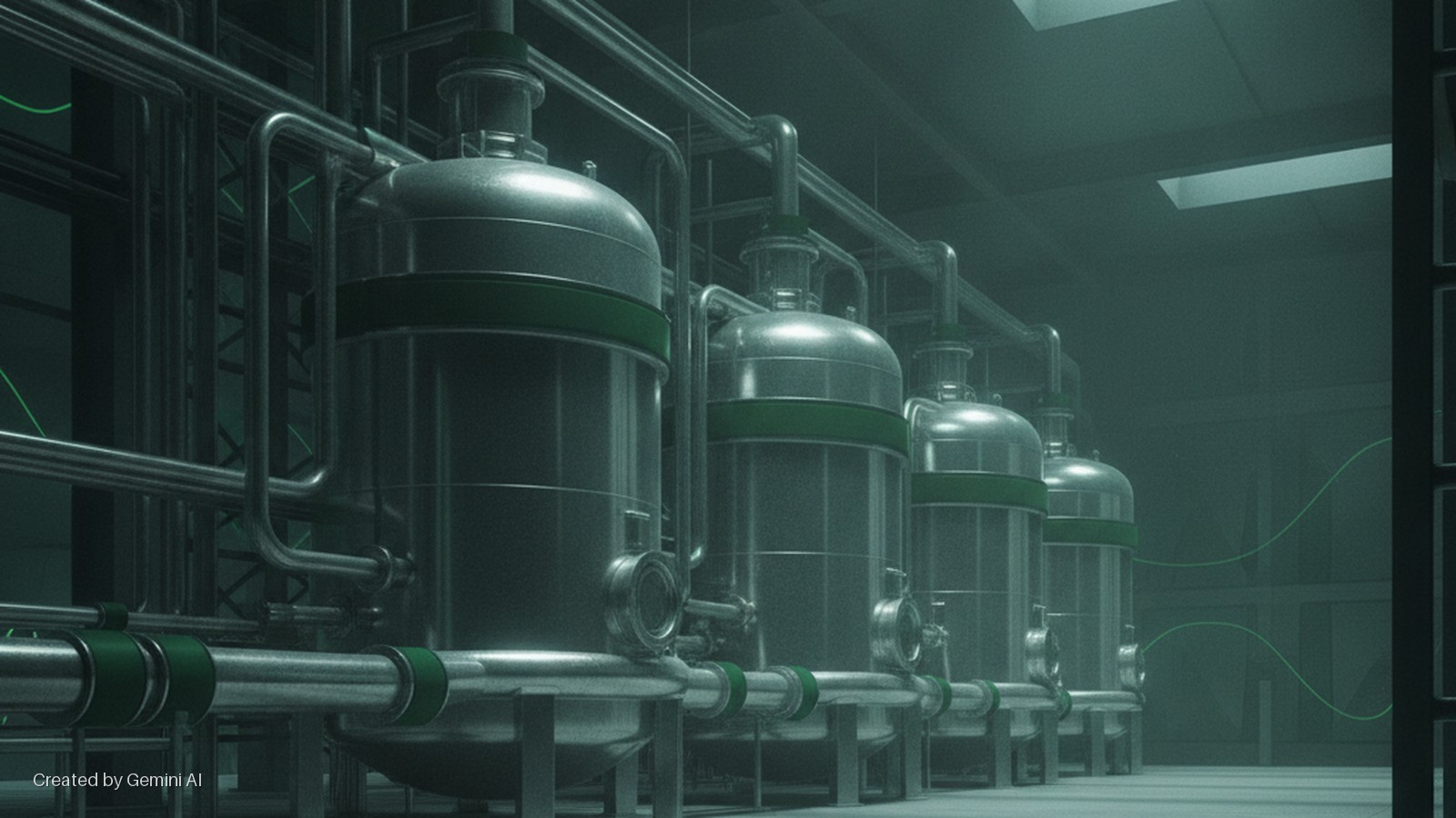 Silver industrial tanks with green bands and connecting pipes line a dimly lit industrial facility, featuring green wavy data lines on a dark background and a dark vertical interface on the right.