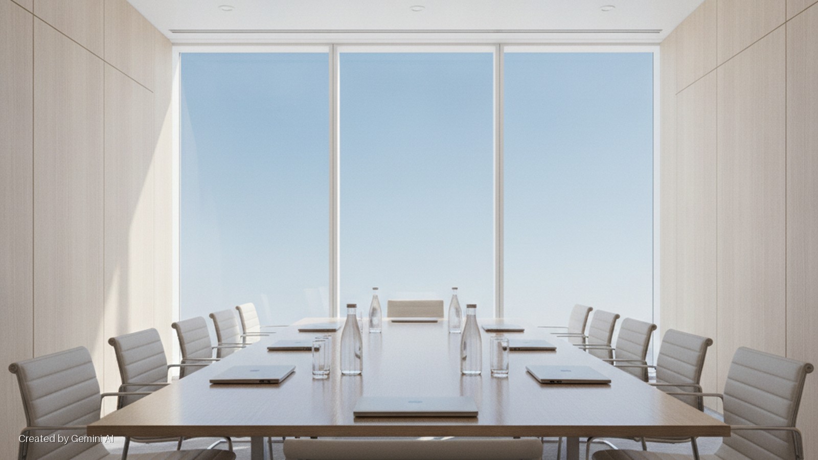 A modern board room with a long wooden table set with laptops, water bottles, and glasses, surrounded by light gray chairs, where natural light from large windows revealing a blue sky casts shadows on the light wood paneled walls and is com