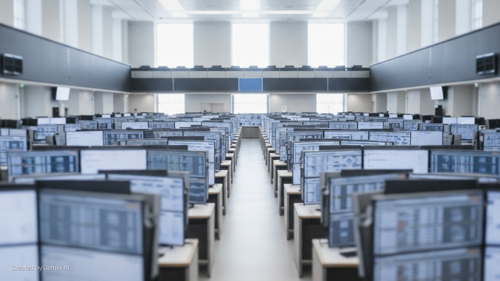 A brightly lit control room or trading floor features numerous rows of computer monitors on individual desks, illuminated by large windows and overhead lights.