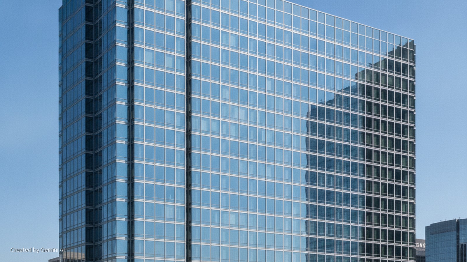 A tall building with a blue, gridded glass facade reflects another building and the clear blue daytime sky.