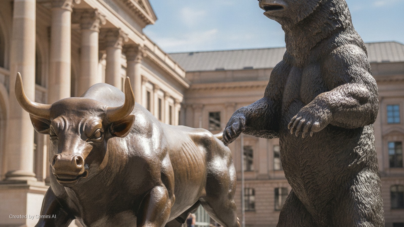 Bronze statues of a charging bull and a standing bear, with the bear's paw touching the bull's rear, are bathed in bright daylight in front of classical buildings.