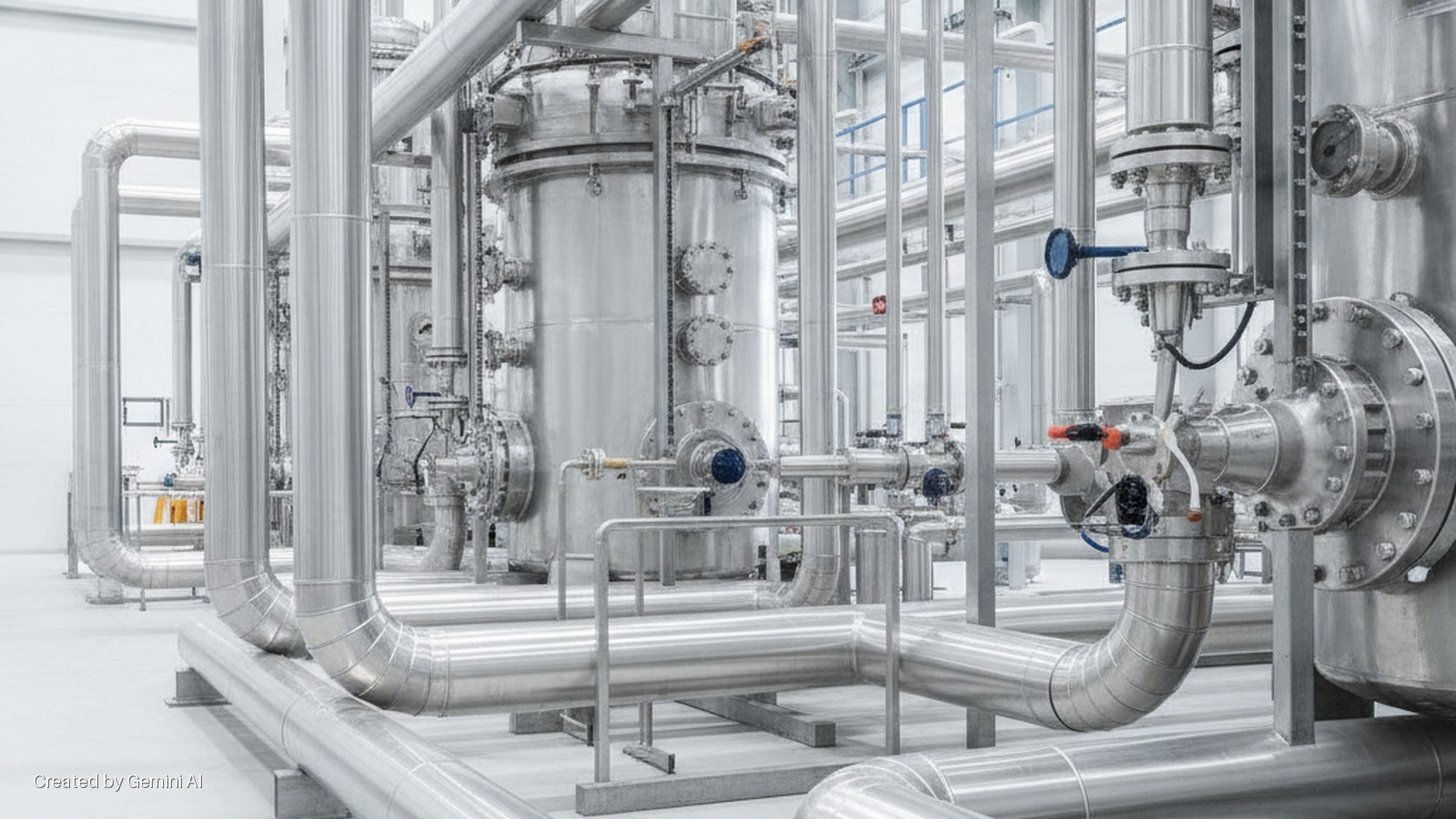 Stainless steel pipes, large vessels, and valves in a brightly lit, modern industrial processing facility.