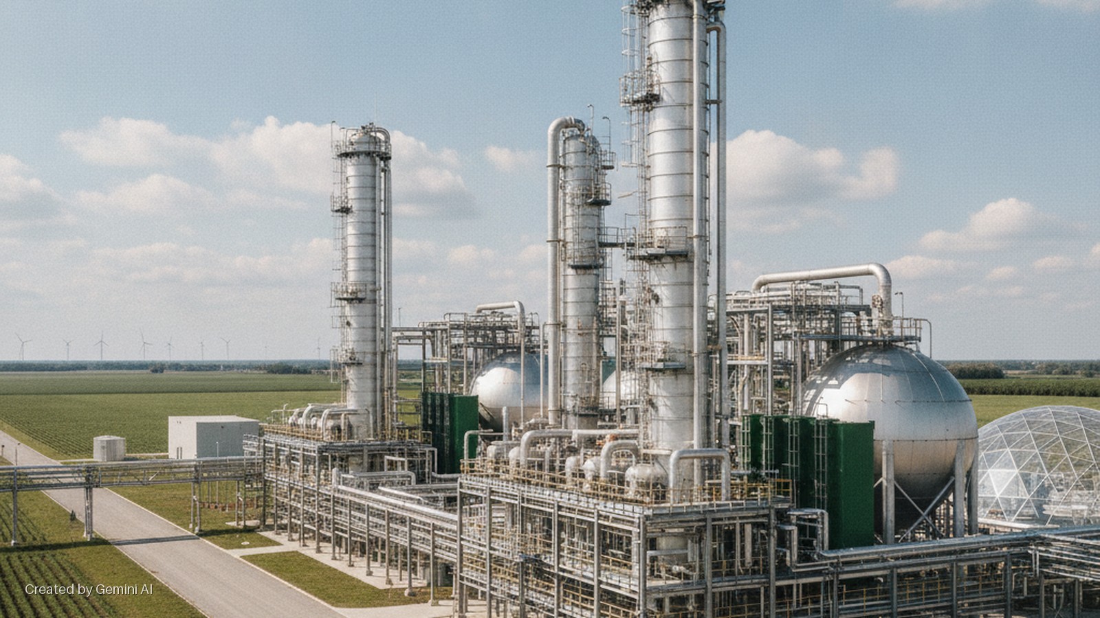 A sprawling industrial chemical plant with silver distillation columns and spherical tanks stands in a green agricultural field with a paved road, under a bright, partly cloudy sky, with wind turbines visible on the distant horizon.