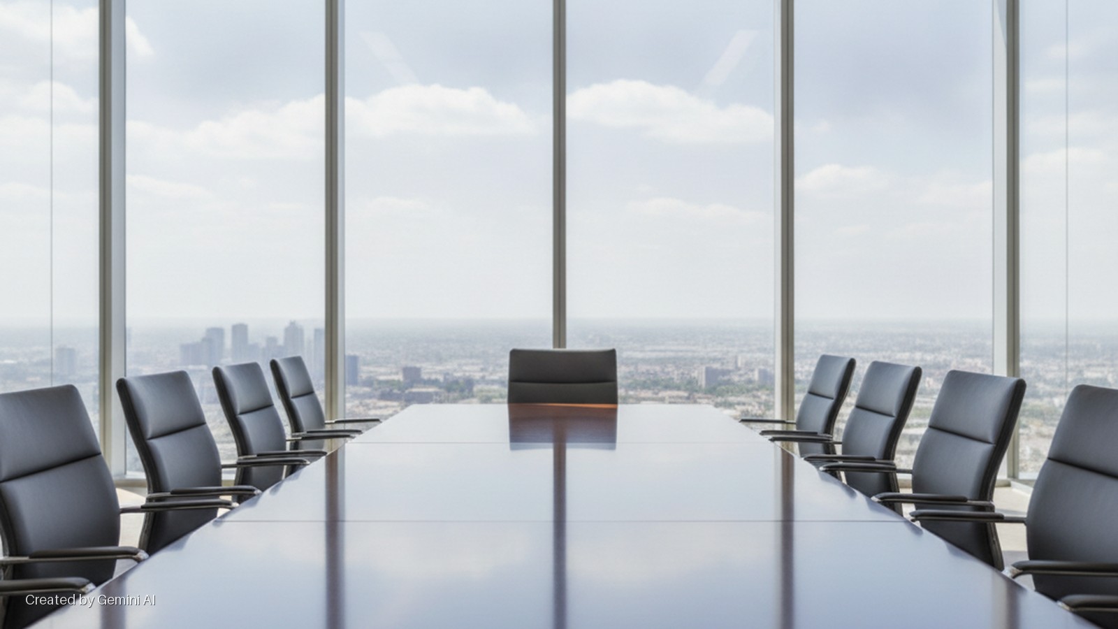 A long, reflective conference table with black office chairs lines a modern conference room with large windows offering a bright, overcast cityscape view.