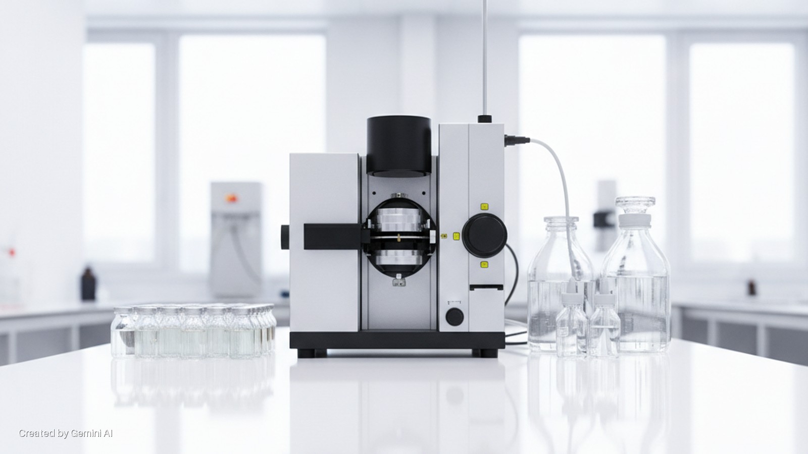 A white and black scientific instrument with a central open chamber, alongside clear glass bottles and vials, sits on a white lab bench in a brightly lit laboratory.