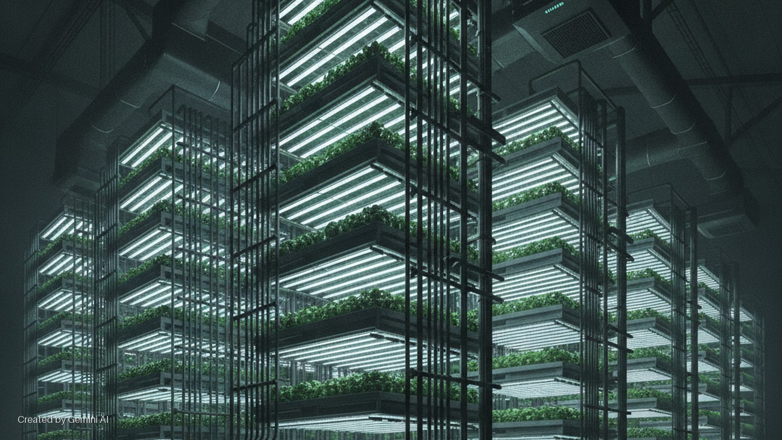 An indoor vertical farm features multiple stacked levels of green crops growing in trays, brightly lit by white fluorescent lights within a dark metal framework, under a dim ceiling with ventilation ducts.