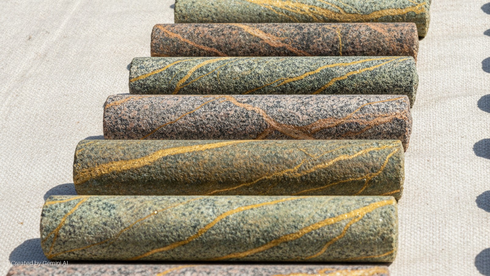 A row of cylindrical speckled stones with golden veins rests on a light-colored, textured fabric under bright sunlight, creating distinct shadows.