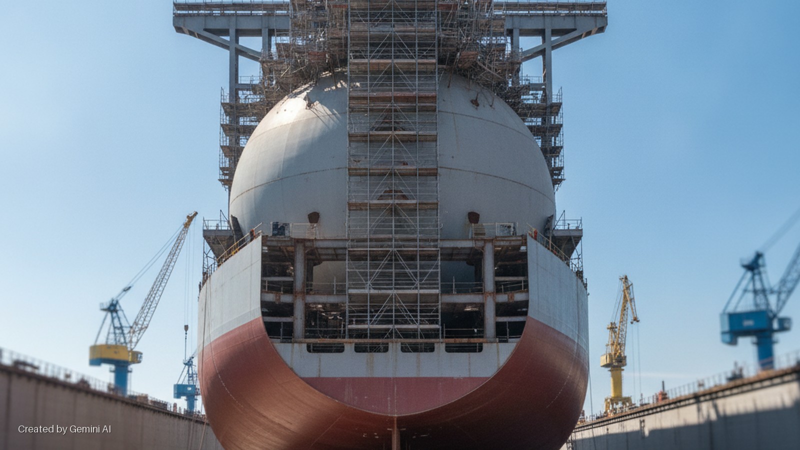 The stern of a large grey and red ship, partially covered in scaffolding, stands in a dry dock surrounded by cranes under a clear blue sky.