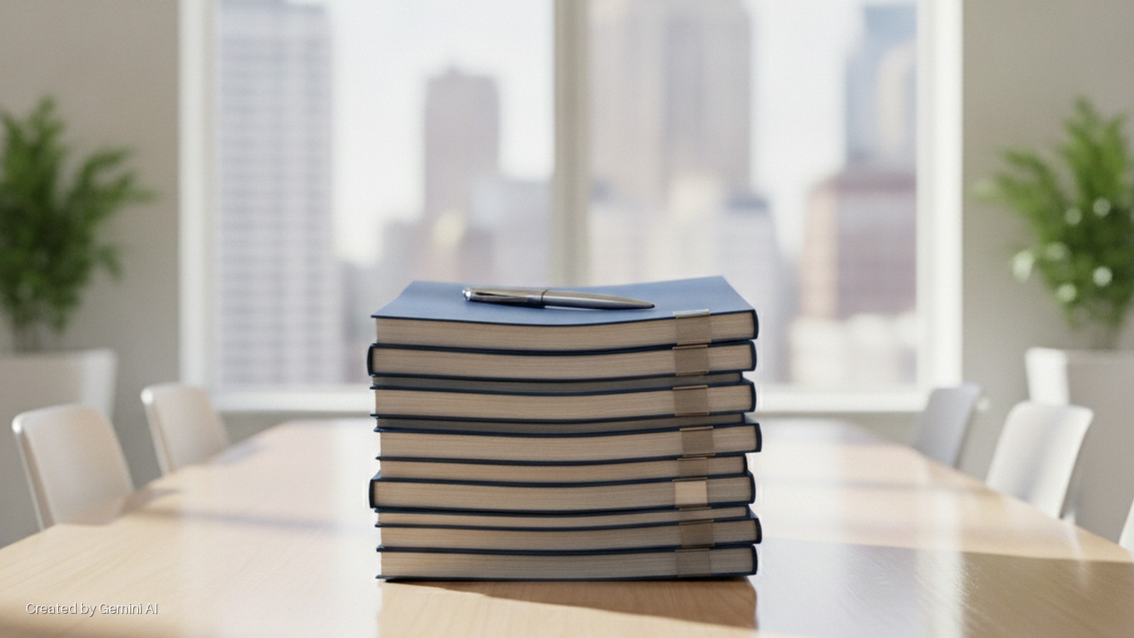 A stack of blue binders topped with a silver pen rests on a light wooden conference table, surrounded by white chairs, with blurred city buildings and potted plants visible through sunlit windows in the background.