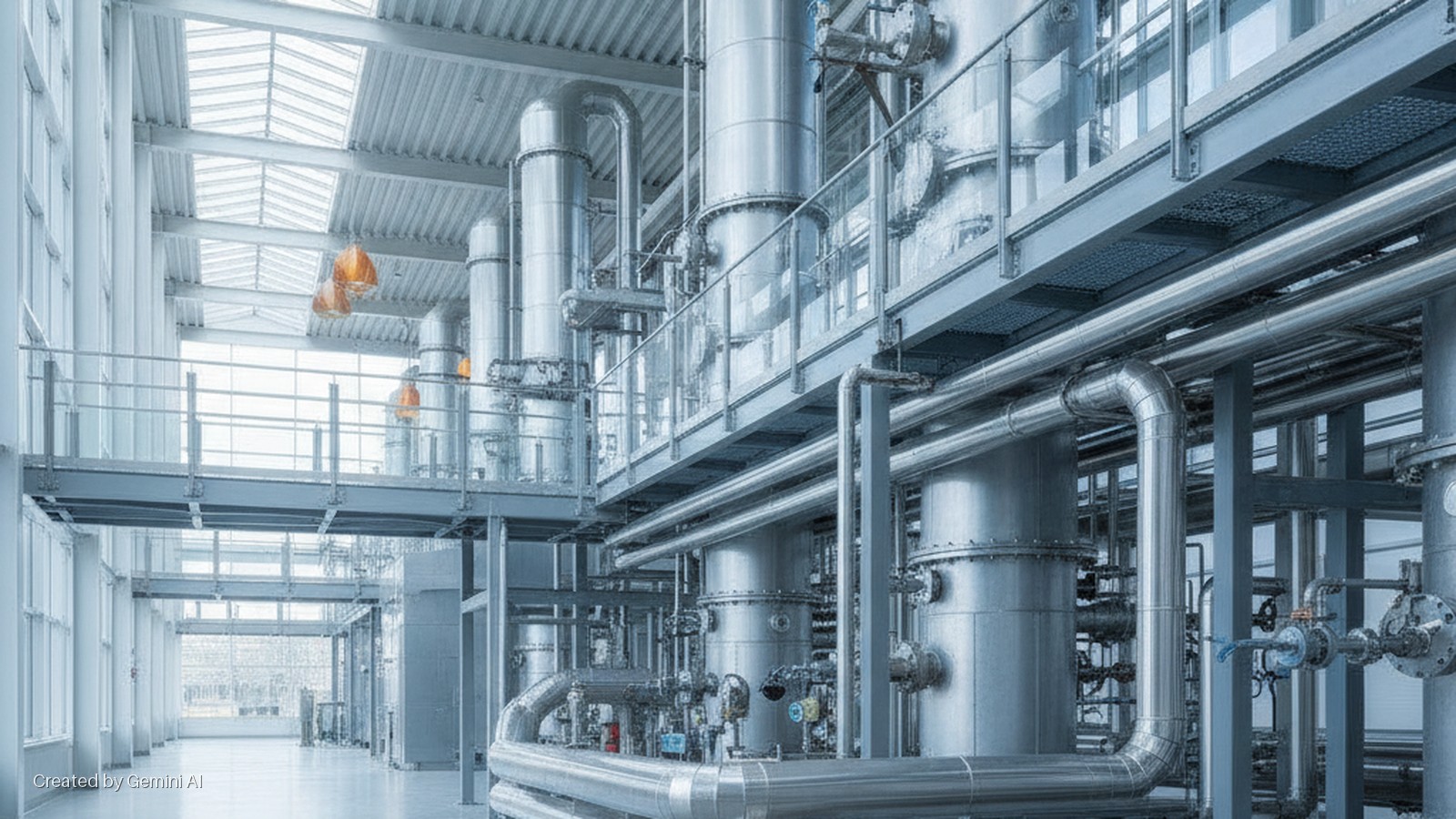 A brightly lit industrial or laboratory interior featuring multiple tall metallic vessels, an intricate network of pipes, elevated platforms, and natural light from large windows and overhead skylights.