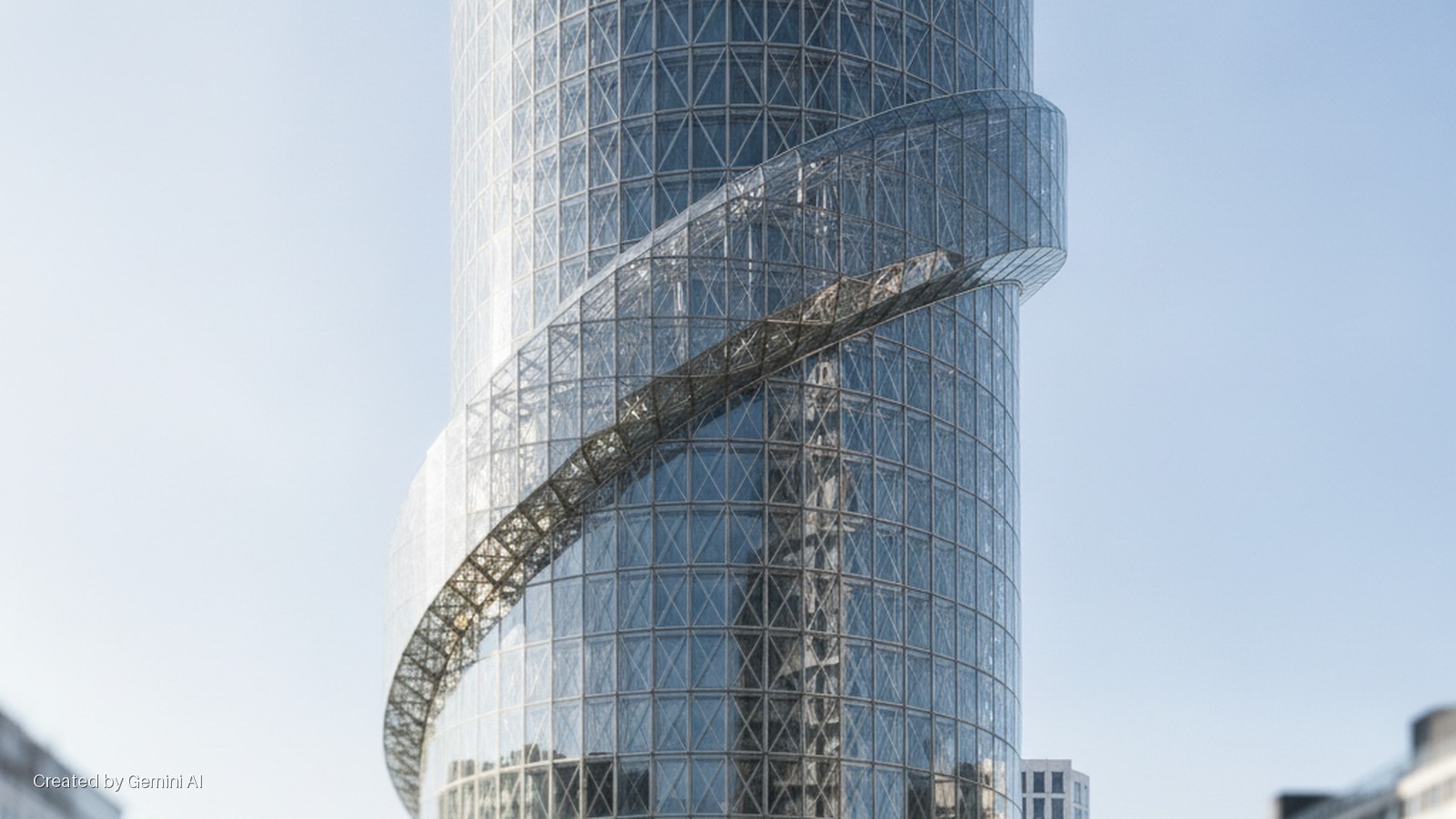 A modern, cylindrical glass skyscraper features a prominent diagonal, spiraling glass and metal walkway, set against a clear blue daytime sky with other buildings partially visible in the background.