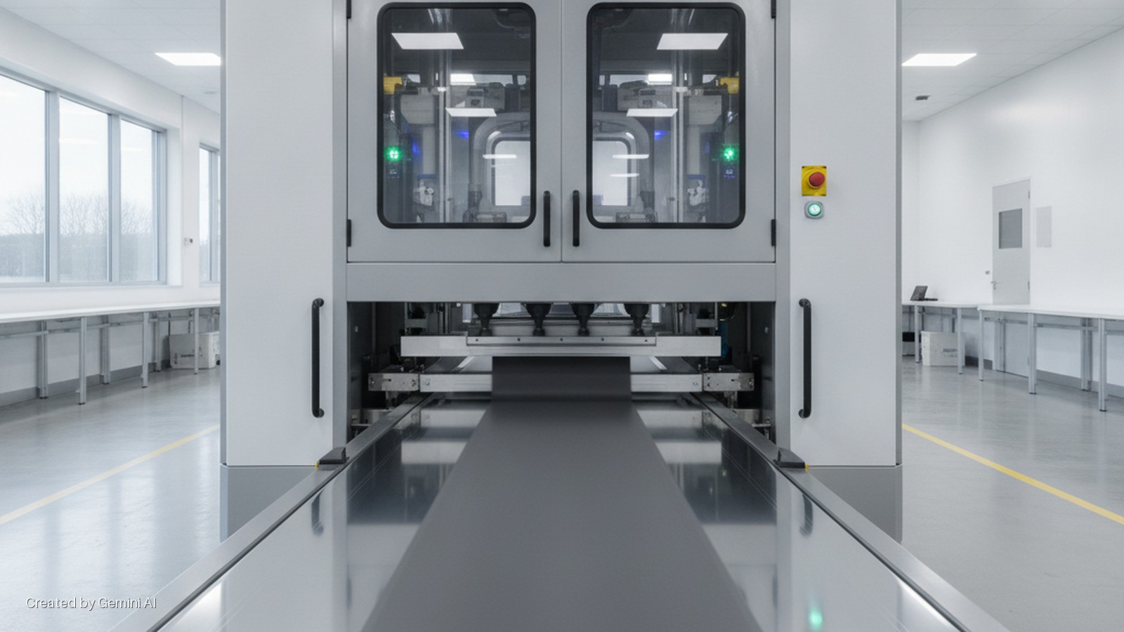 A brightly lit, modern cleanroom shows a large gray automated machine with clear panels, green and blue internal lights, and a conveyor belt extending towards the viewer, flanked by white workbenches along the walls.