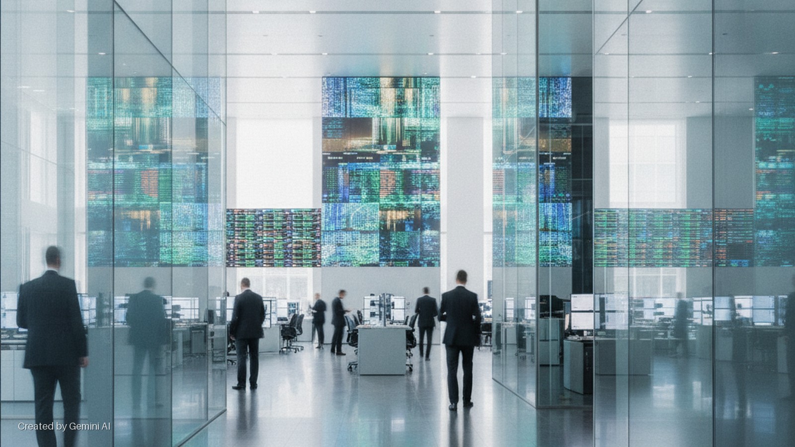 Brightly lit modern office with men in suits walking past glass walls, multiple desks with computer monitors, and large wall-mounted screens displaying colorful data.