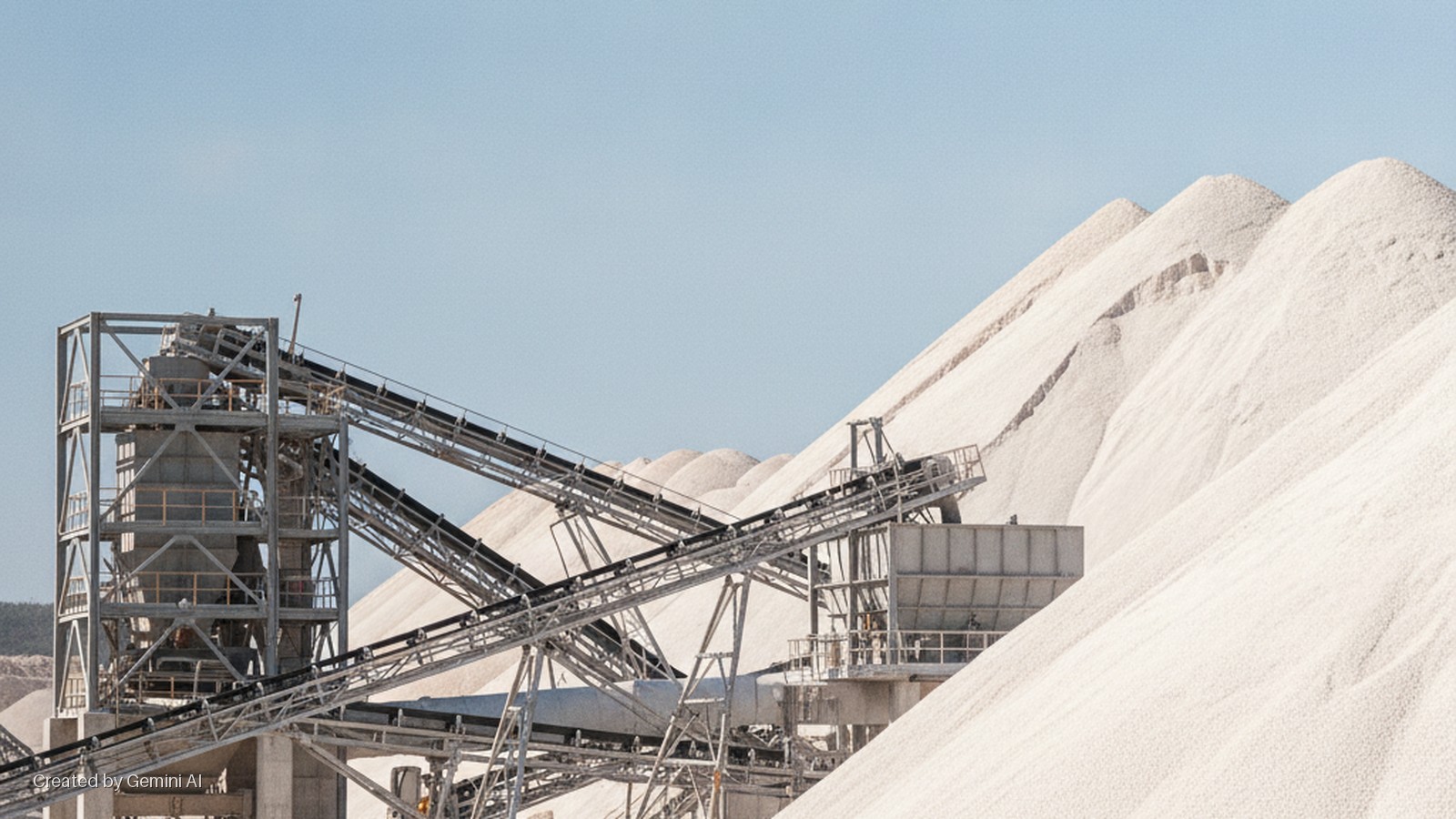Industrial conveyors and a tall processing tower stand before massive white granular stockpiles under a clear blue sky.