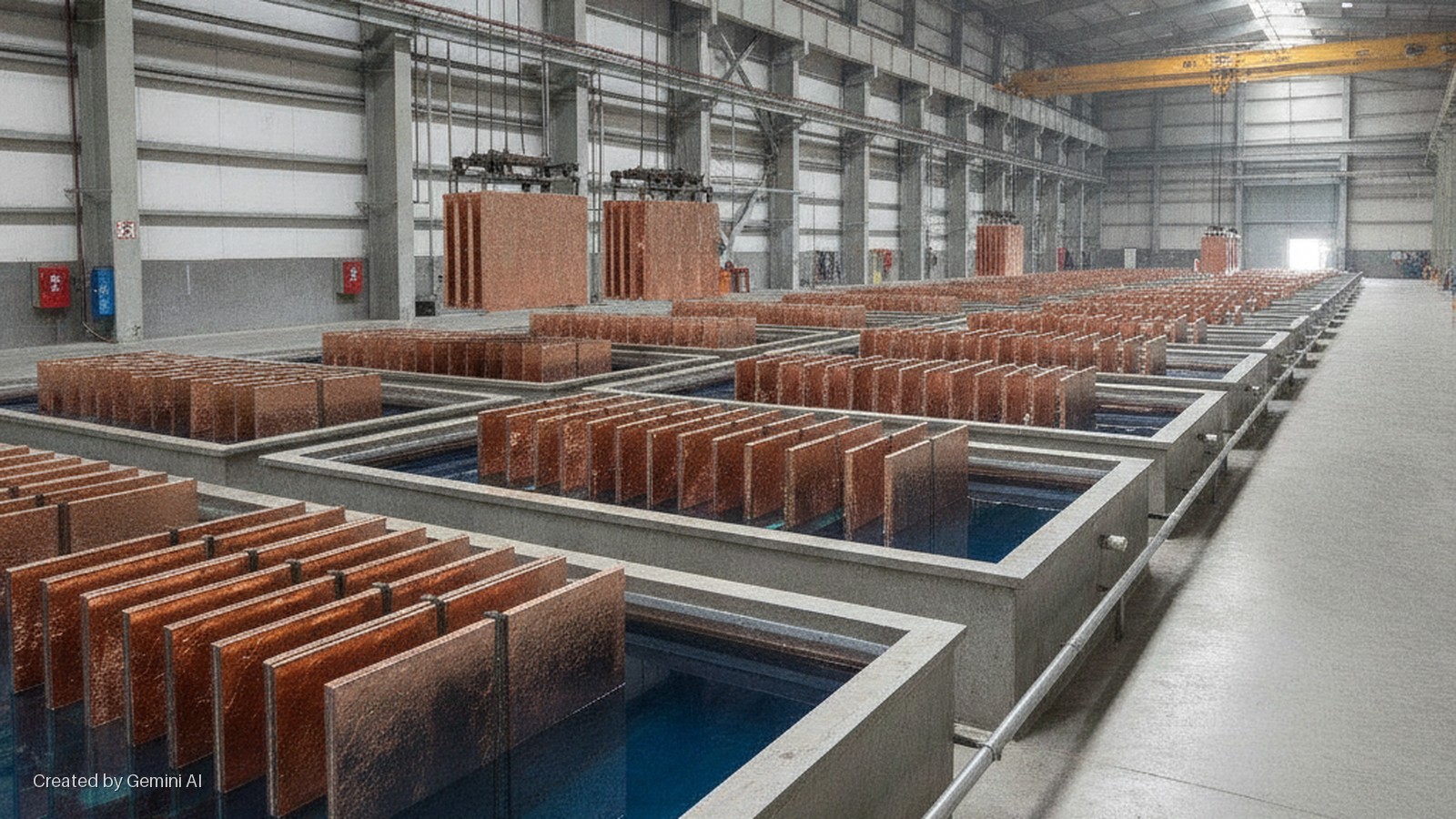 A brightly lit industrial hall displays long rows of concrete tanks containing blue liquid and vertically oriented copper sheets, with stacks of copper and overhead cranes visible in the background.