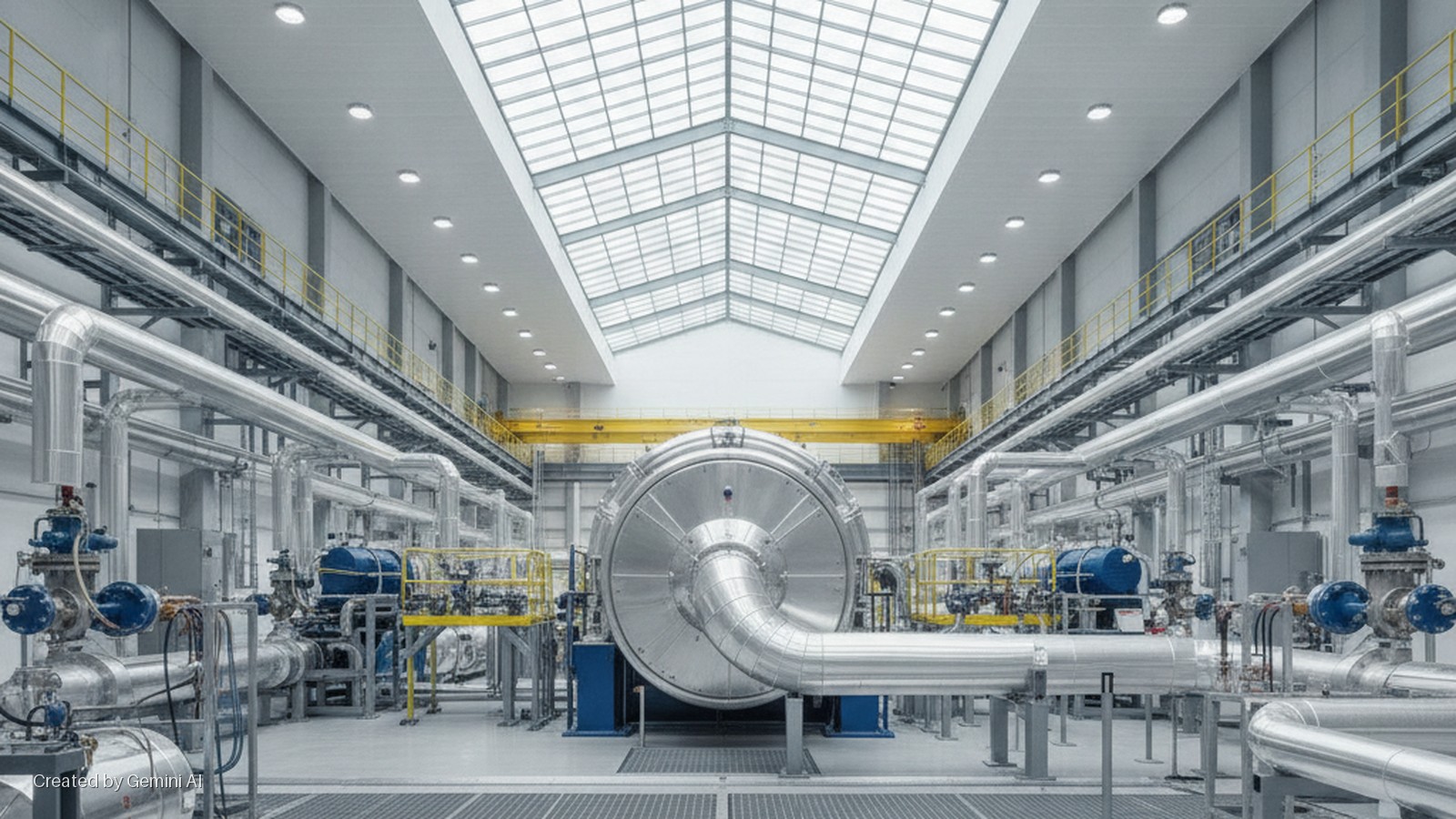 A spacious, brightly lit industrial facility showcases a large silver cylindrical machine at its center, surrounded by numerous insulated pipes, blue valves, yellow safety railings, and an overhead yellow crane, under a ceiling with expansi