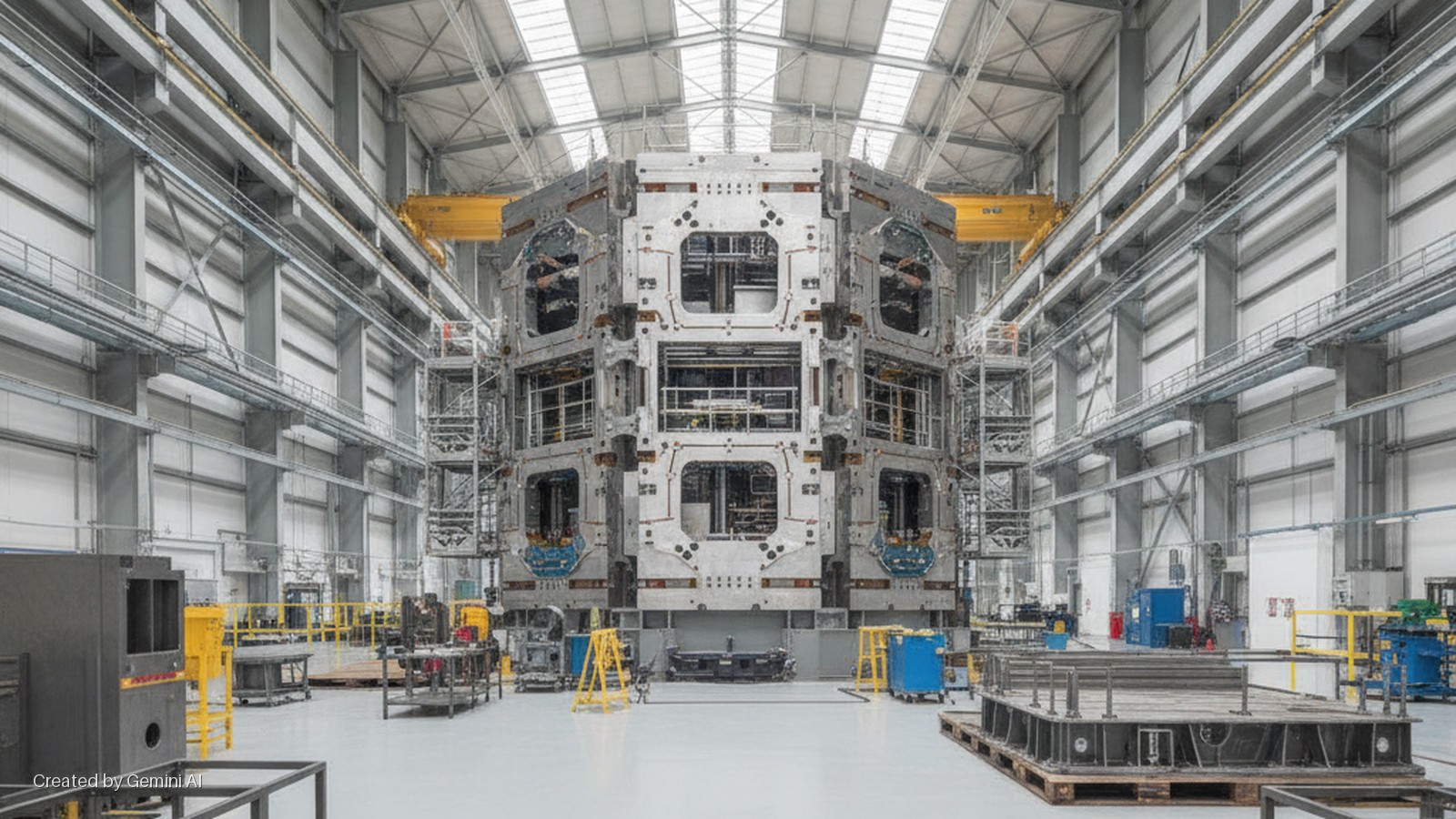 A brightly lit industrial hangar contains a massive, multi-level metallic assembly, surrounded by scaffolding, industrial equipment, and yellow overhead cranes.