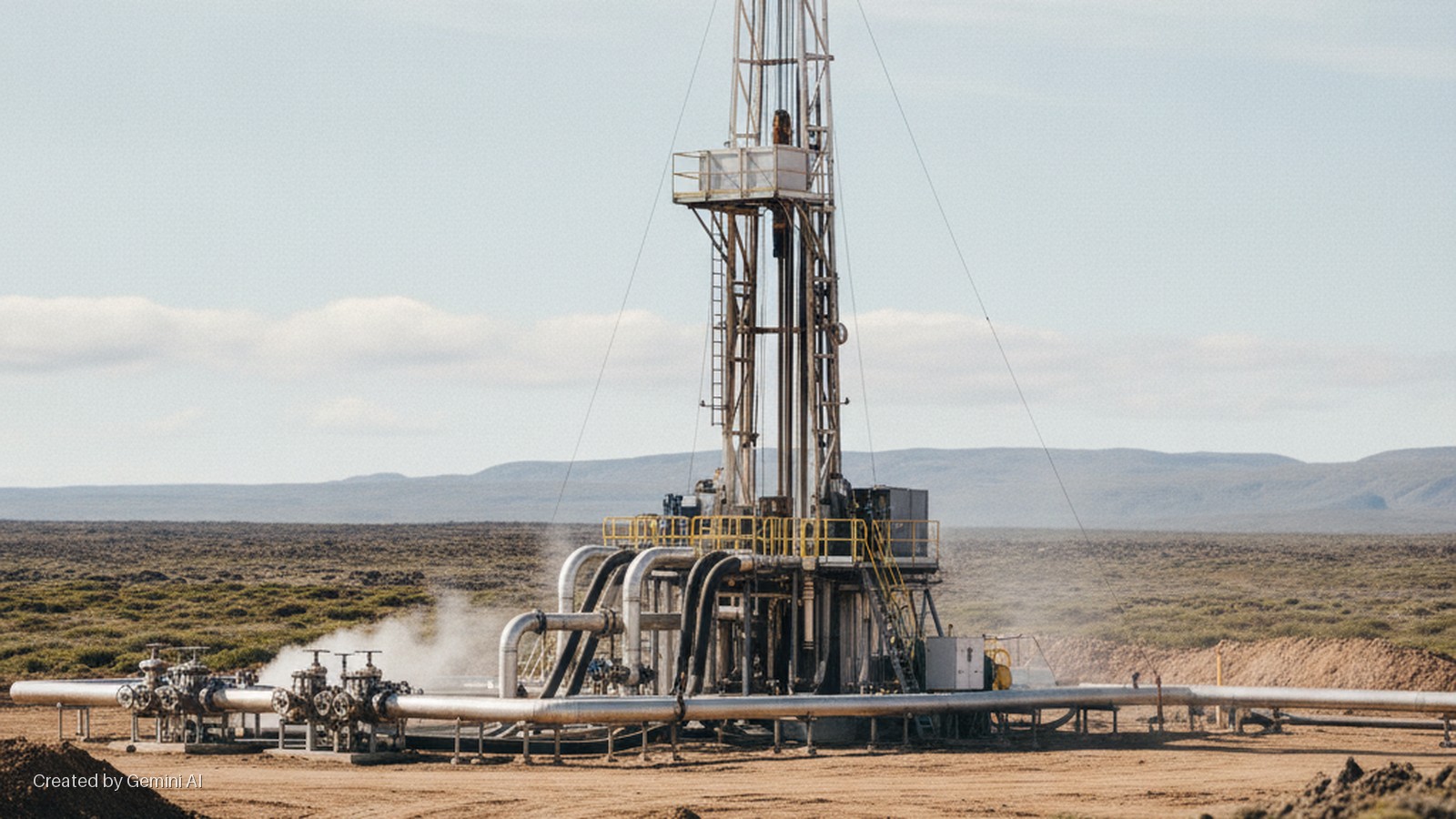 An industrial drilling rig, pipelines, and valves emitting steam stand in a vast, dry landscape with distant mountains under a bright, cloudy sky.