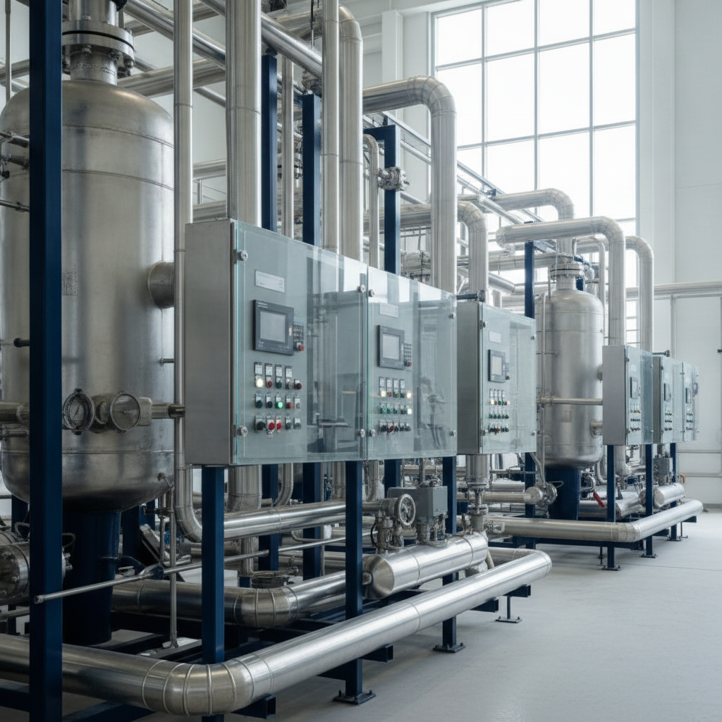 A sterile industrial facility features large stainless steel tanks, numerous metal pipes, and multiple control panels with screens and illuminated buttons, brightly lit by large windows.