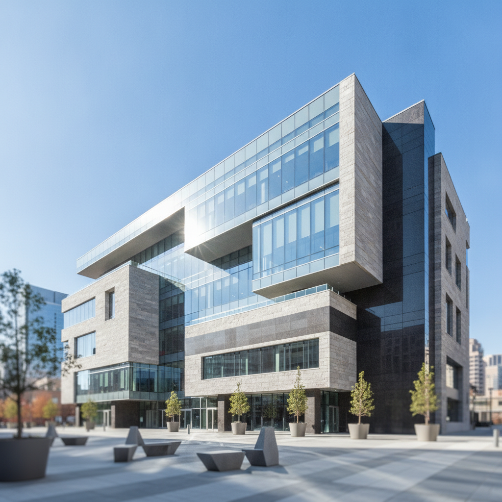 A modern building with reflective glass and textured stone facades stands under a clear, sunny sky, fronting a paved plaza with trees in planters and geometric concrete benches.