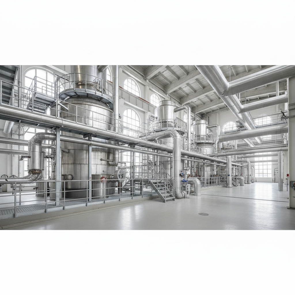 A brightly lit, clean industrial interior features rows of large stainless steel tanks, a complex network of pipes, stairways, and platforms, all illuminated by natural light from high arched windows.