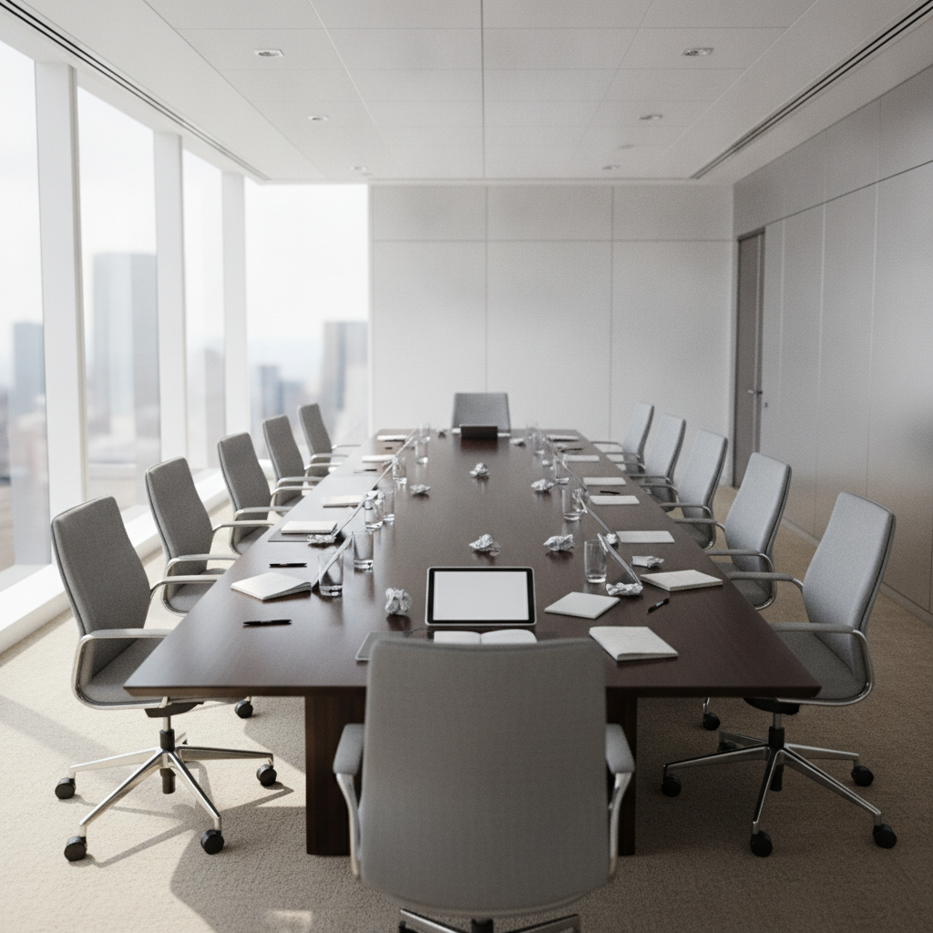 A modern conference room features a long dark table topped with notebooks, pens, crumpled papers, and a tablet, surrounded by grey chairs, illuminated by bright natural light from large windows overlooking city buildings and by recessed cei