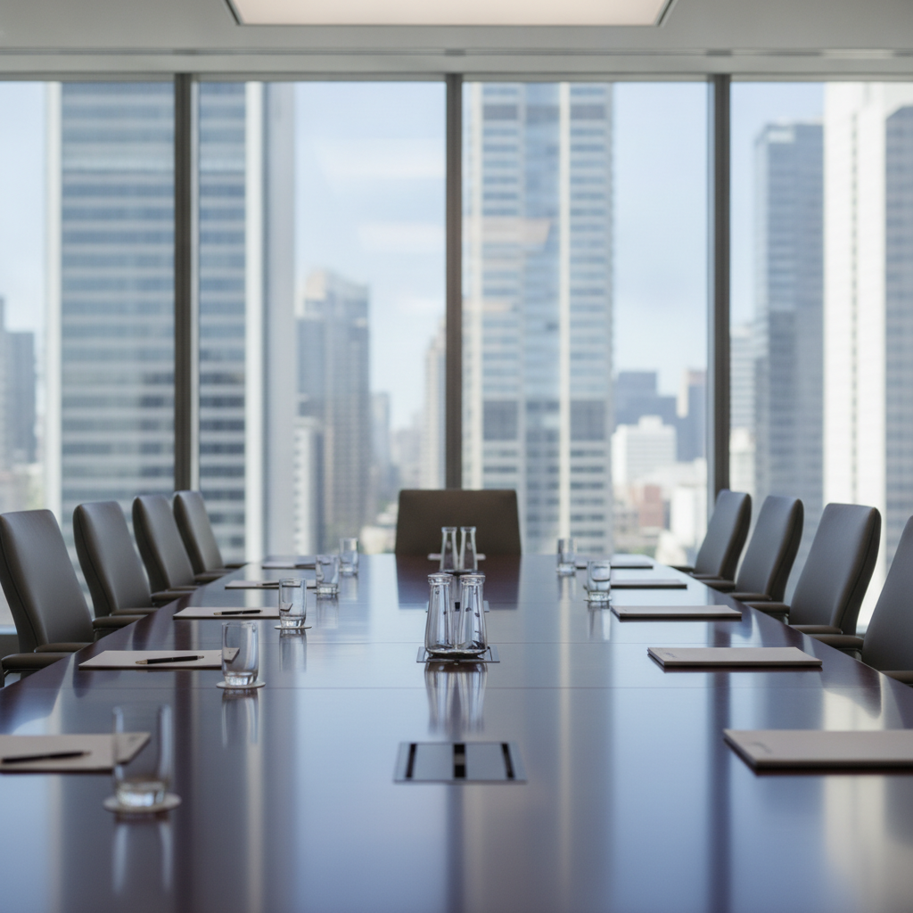 An empty, naturally lit boardroom features a long, polished wooden table set with glasses and papers, surrounded by office chairs, with city skyscrapers visible through large windows.