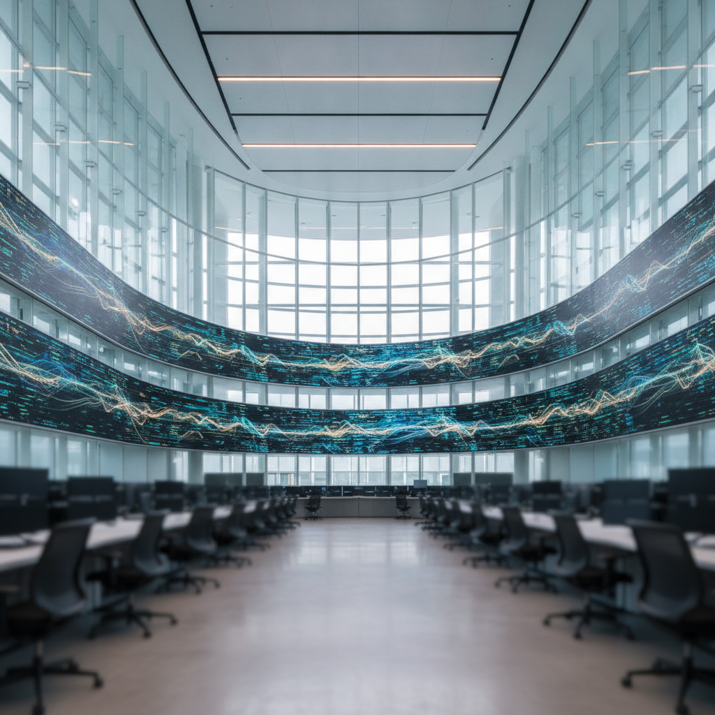 A modern control room with three tiers of curved digital screens displaying dynamic data graphs and text, and multiple rows of computer desks and chairs, is brightly lit by large windows and overhead strip lighting.