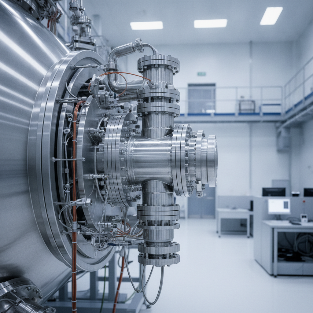 A large stainless steel cylindrical vacuum chamber with intricate pipes, flanges, and electrical connections is positioned in a brightly lit, modern cleanroom laboratory with workstations in the background.