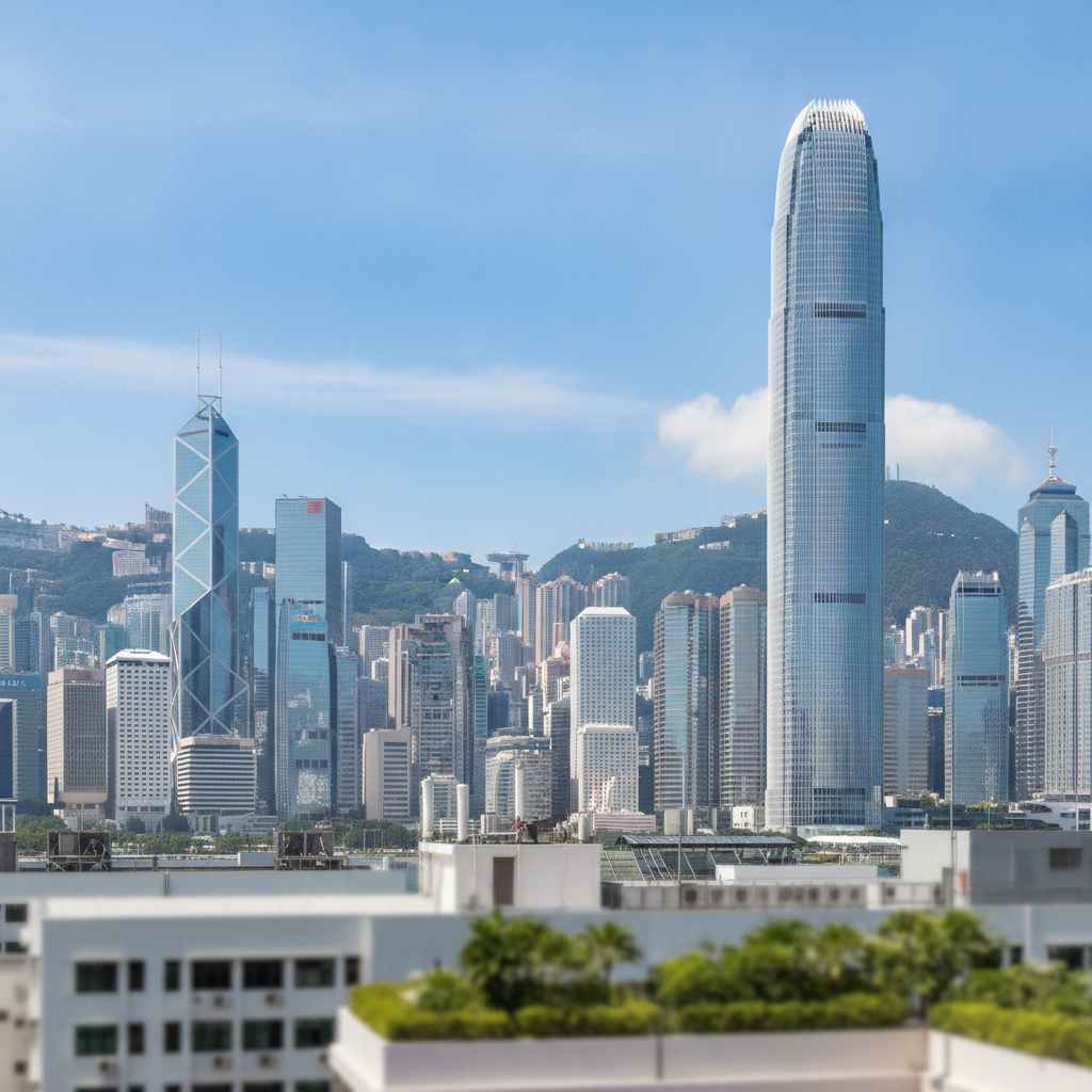 On a sunny day, Hong Kong's urban skyline features numerous skyscrapers, including the International Finance Centre and Bank of China Tower, backed by green hills under a bright blue sky with white clouds, with a blurred building rooftop in