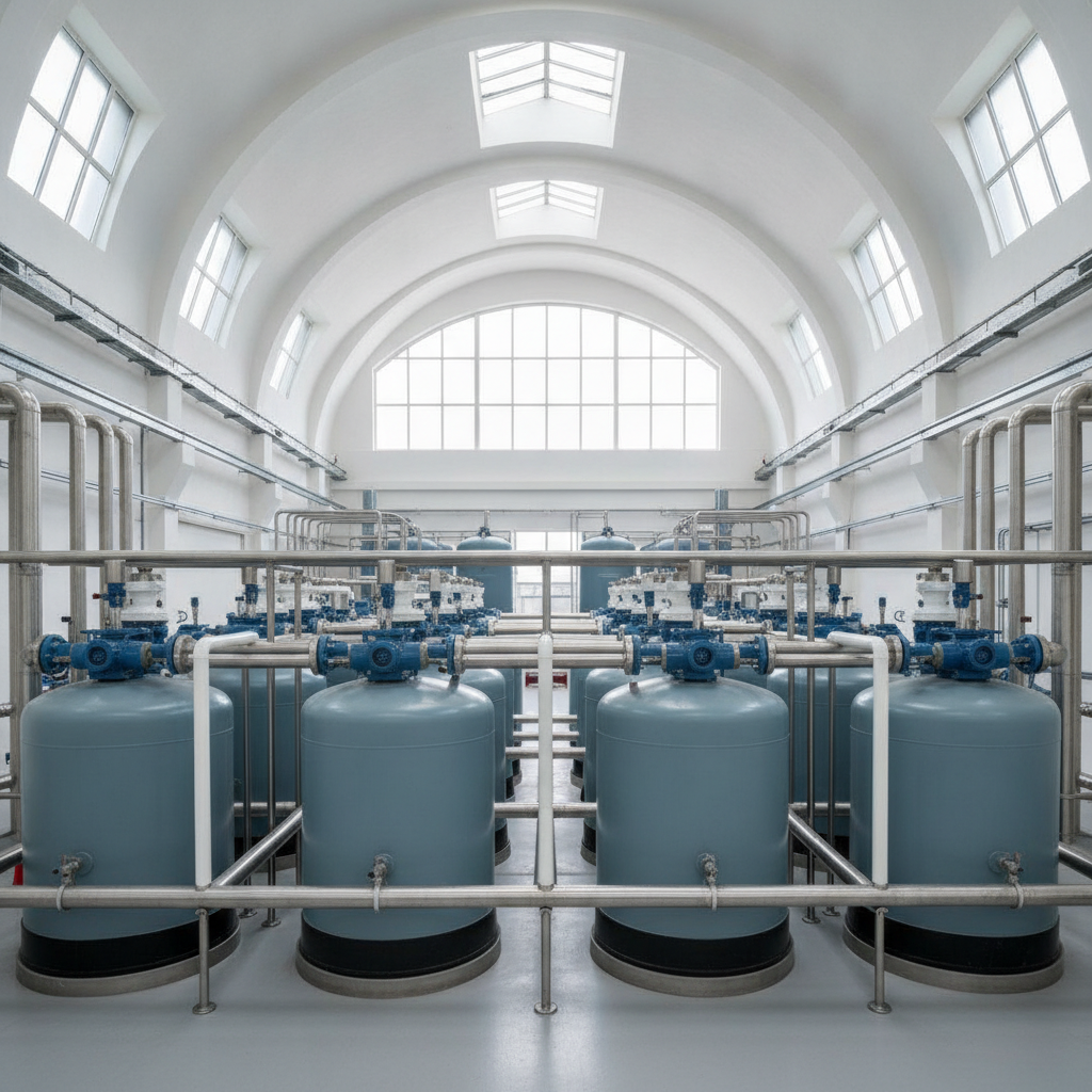 A brightly lit industrial hall interior with a white arched ceiling and windows, showcasing multiple rows of blue-grey cylindrical tanks with blue valves and silver piping.